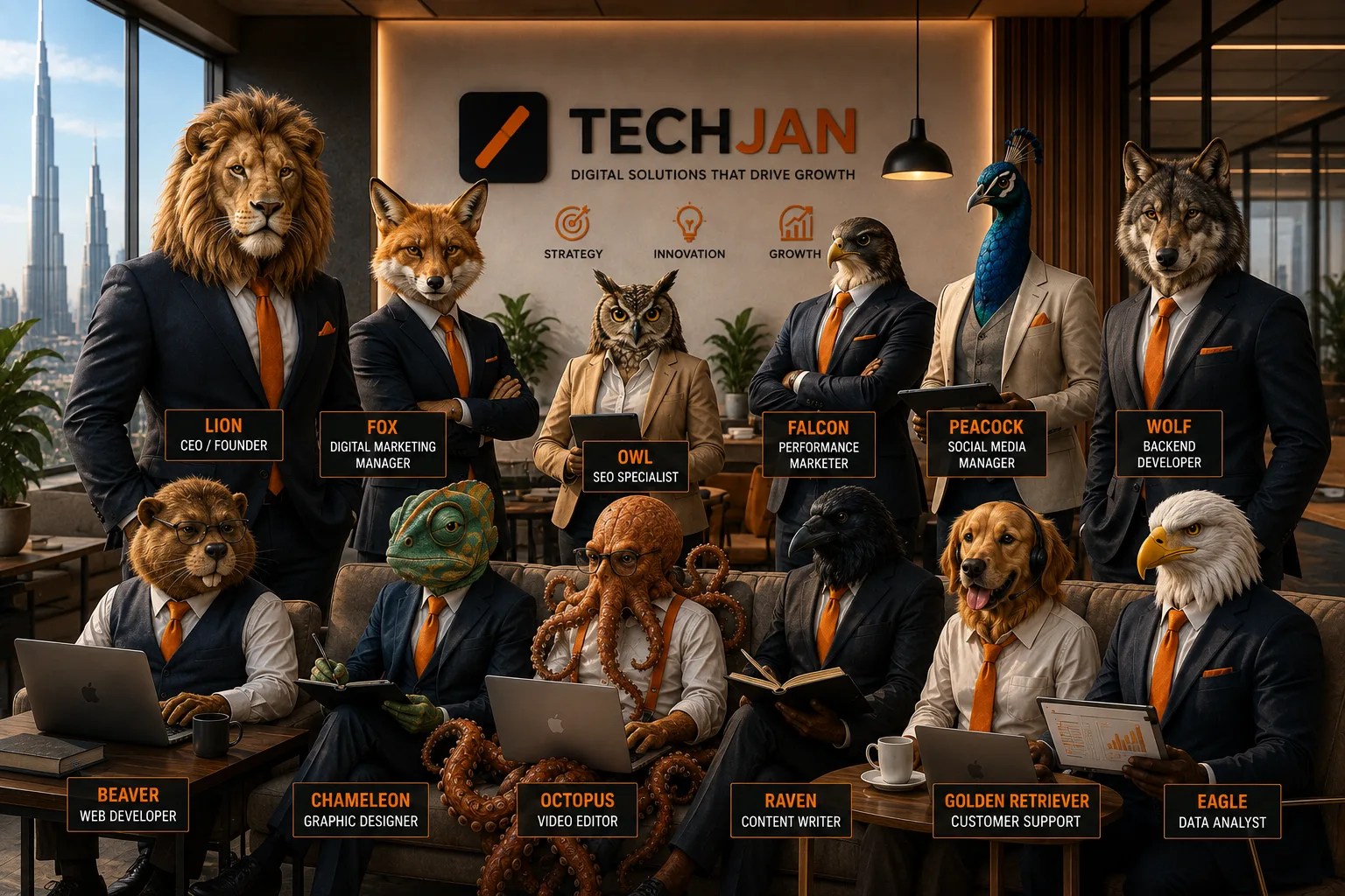 The TechJan team illustrated as suited animals, each labelled with their role, in the Dubai studio