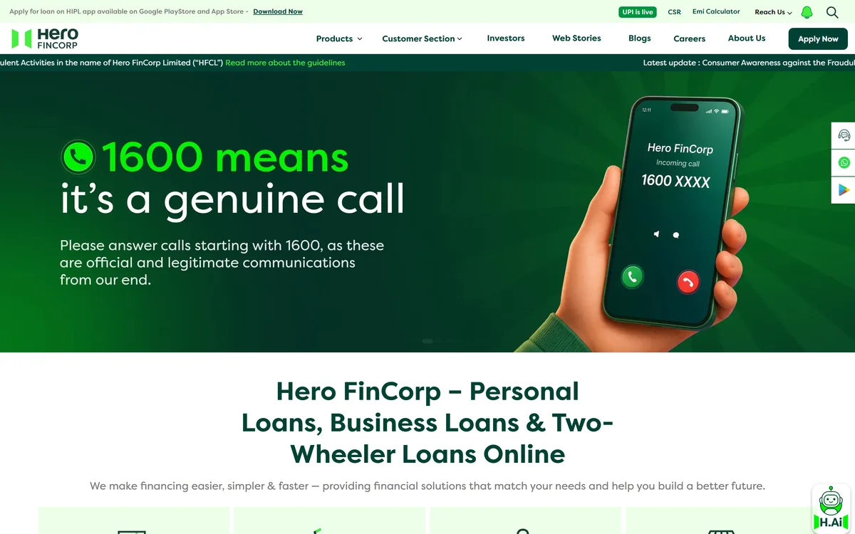Hero FinCorp lending website home page