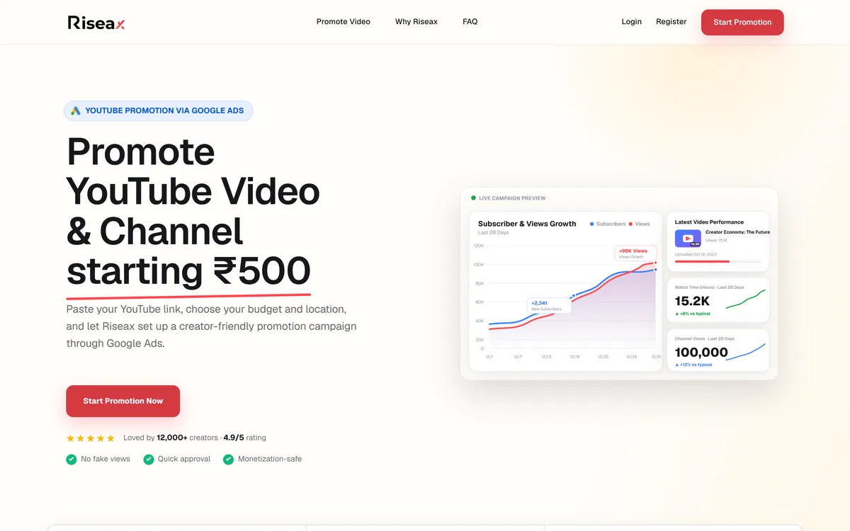 Riseax YouTube promotion platform home page
