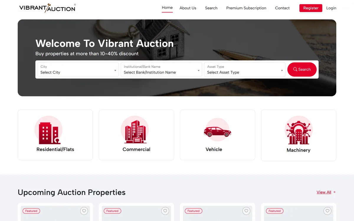 Vibrant Auction bank asset auction marketplace home page